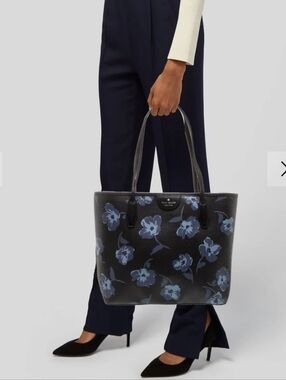 Kate Spade Black Blue Purple Floral Tote Purse Bag With Zipper Vegan Leather